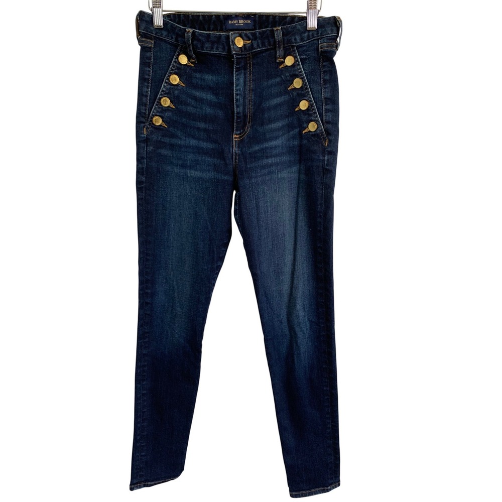Ramy Brook Helena High Rise Skinny Jeans Dark Rinse Gold Sailor Button Sz 28